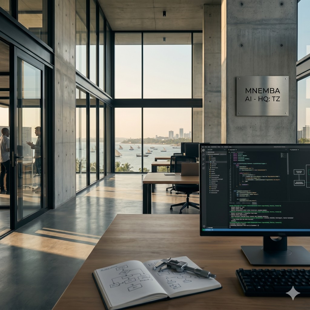 Mnemba AI headquarters in Tanzania — engineering workspace overlooking Dar es Salaam